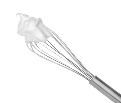 Metal whisk with cream isolated on white