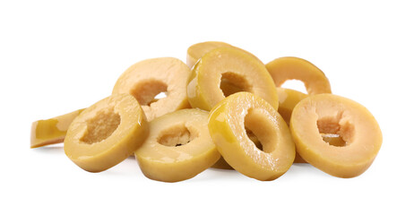 Cut fresh green olives on white background