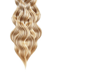 A strand of wavy hair on a white background. Blonde. The concept of beauty. Hair styling, hairstyle, haircut. Beauty salon. Shiny, silky. Hair products, shampoo. Split ends. - obrazy, fototapety, plakaty