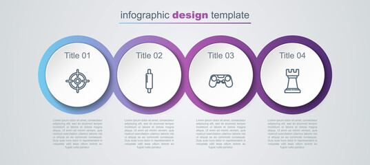 Set line Target sport, Rolling pin, Gamepad and Business strategy. Business infographic template. Vector