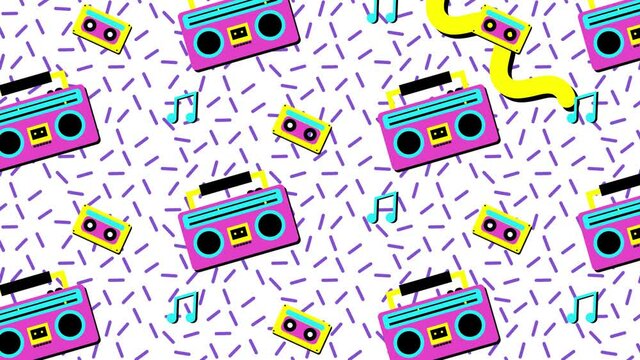 Animation of retro tape deck and cassettes with yellow squiggles purple lines moving on white