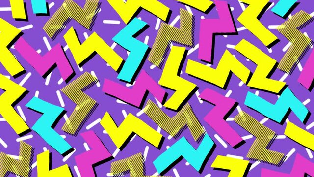 Animation of pink, blue, yellow and brown lightning bolts on purple and white background
