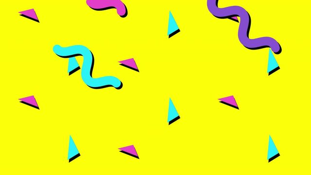 Animation of purple, pink and green squiggles and triangles moving on yellow background