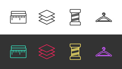 Set line Tape measure, Layers clothing textile, Sewing thread and Hanger wardrobe on black and white. Vector