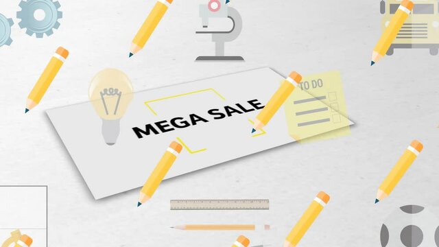 Animation of mga sale text with school icons on white background