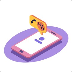 Phone mockup with online support notification. Service help desk 24/7. Popular flat colors. Isometric vector 3d illustration.