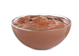 Bowl of delicious chocolate cream isolated on white