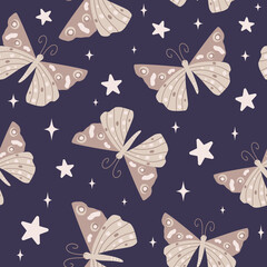 Beautiful boho trendy seamless vector pattern background illustration with cartoon moth and stars 
