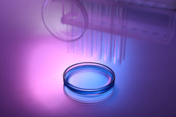 Petri dish with liquid on table, toned in pink and blue