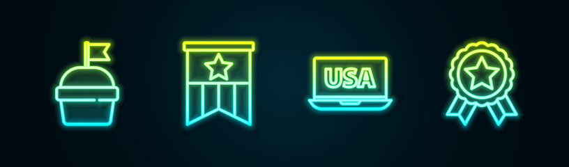 Set line Cake, American flag, USA on laptop and Medal with star. Glowing neon icon. Vector
