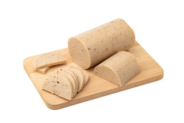 Sliced Vietnamese Pork Sausage on wood plate isolated on white background with Clipping Path