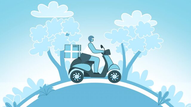 Cartoon flat delivery woman rides a motor scooter with cardboard box through nature landscapes. Flat Design Cartoon Character Loop 2d Animation 