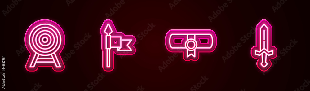 Sticker set line target with arrow, medieval spear, decree, parchment, scroll and sword. glowing neon icon. 