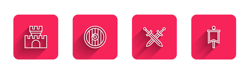 Set line Castle, fortress, Round wooden shield, Crossed medieval sword and Medieval flag with long shadow. Red square button. Vector