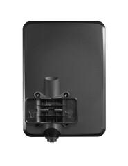 Back view of rectangular black uhf vhf fm hdtv tv antenna with holder on white background 