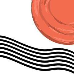 Mid Century style abstract illustration of grunge sunset with orange sun and black sea waves decoration on white background - 446828926