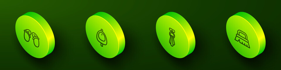 Set Isometric line Flip flops, Toilet urinal or pissoir, Towel on hanger and Brush for cleaning icon. Vector