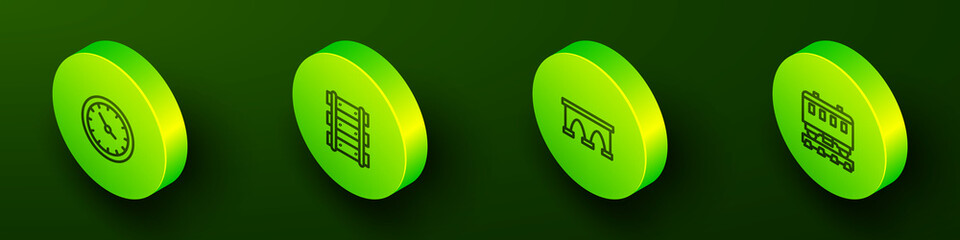 Set Isometric line Train station clock, Railway, railroad track, Bridge for train and Passenger cars icon. Vector
