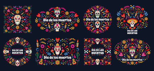 Dia de Los muertos banners. Day of the dead mexican sugar human head bones and flowers vector background set. Mexican dead day holiday cards - obrazy, fototapety, plakaty