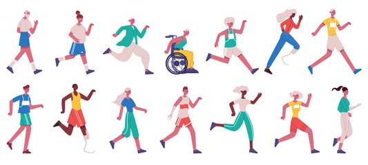 Fototapeta na wymiar Jogging characters. Running female and male people, sprinting, jogging and jumping men and women isolated vector illustration set. Runners athletes characters