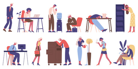 Exhausted business characters. Tired male and female business people, exhausted office workers and depressed persons vector illustration set. Tired people