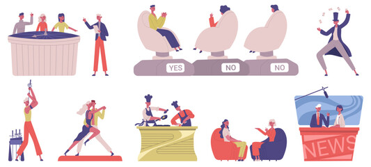 Television show. Entertainment TV show, cooking, music and quiz game show, people taking part in TV show vector illustration set. Television media show