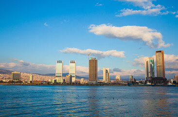 Fototapeta premium View of the city of Izmir Turkey. Panorama of Izmir in the afternoon from the sea.
