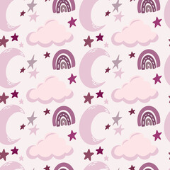 Cute childish boho seamless pattern with moon, cloud, rainbow and stars. Simple hand drawn baby background for nursery, textile. Pastel colored good night concept