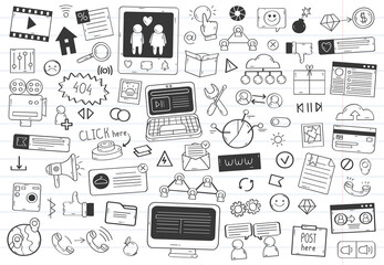 Social media doodle elements. Network hand drawn social media symbols isolated vector illustration set. Social network sketch doodle icons © WinWin