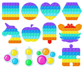 Antistress pop it and simple dimple toys. Trendy fidget children toys, sensory and color learning for kids vector illustration set. Silicone bubbles toys - obrazy, fototapety, plakaty