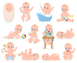 Newborn baby. Infant cute boy or girl babies, cheerful infant baby bathing, sleeping and playing activities vector illustration set. Infant newborn babies