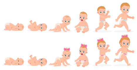 First year baby timeline. Baby boy and girl first year development from newborn to toddler vector illustration. Cute baby month stages development
