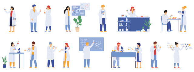 Scientific research. Science lab male and female workers, biologists, chemists and scientist laboratory researchers vector illustration set. Medical workers