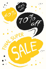 Final Super Sale Flyer, Several Discounts on One Poster, Light Yellow Background with Bright Yellow and black Leaves for Decor