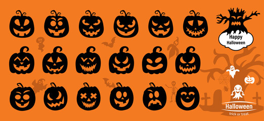 Set pumpkin on orange background. Black pumpkin with smile for your design for the holiday Halloween. Vector illustration.
