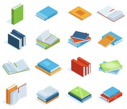 Isometric books. Bookstore or library books, education brochure, encyclopedia, textbooks or classic literature vector illustration set. School isometric books