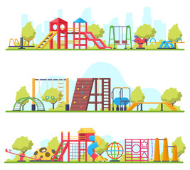Fototapeta premium Kids outdoor fun recreation park or playground banners. Swing, slide and sandbox playground equipment vector illustration set. Children playground