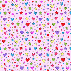 Pattern of hearts, stars and circles in straight style on pink background
