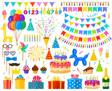 Cartoon birthday party celebration balloons, cake and gifts. Carnival party decorations, candy and candles vector illustration set. Birthday celebration elements