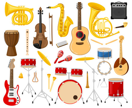 Cartoon musical instruments. Acoustic and electric instruments, guitars, drums, saxophone, violin vector illustration set. Musical band instruments