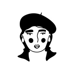Doodle girl face. Black and white vector isolated illustration. Girl in a beret with two ponytails