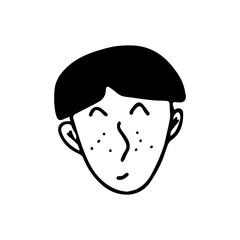 Doodle guy face. Black and white vector isolated illustration. Smiling man with freckles. Student or teenage