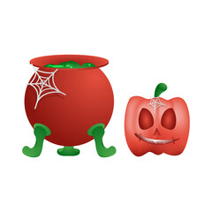 3d halloween potion vat and pumpkin design isolated on white background