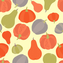 Seamless pattern of pumpkins with different colors on a vintage background. Autumn ornament for the harvest festival, Halloween. Vector illustration.