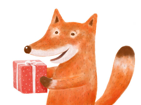 Cute hand drawn cartoon funny fox holding a gift and smiling. Fox on a white background