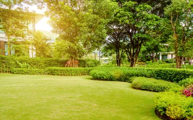 Muurstickers House in the park, Green lawn, front yard is beautifully designed garden, Flowers in the garden, Green grass, Modern house with beautiful landscaped front yard, Lawn and garden blur background. © singjai