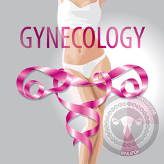 Uterus of a pink ribbon on a gray background with a female body, round menstruation chart and the inscription 