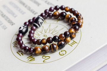 on the paper surface with astrological symbols is a bracelet made of natural stone beads