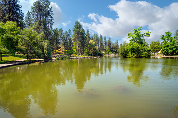 Afternoon view of the Manito Park Mirror or Duck pond in Spokane, Washington, USA