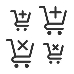 Pixel-perfect icons of shopping trolley with plus and delete signs (add and remove from cart)  built on two base grids of 32x32 and 24x24 pixels. The initial line weight is 2 pixels. Editable strokes